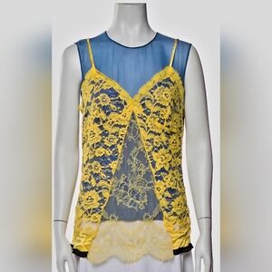 Altuzzara Silk Top Yellow Lace Overlay Blue Camisole M